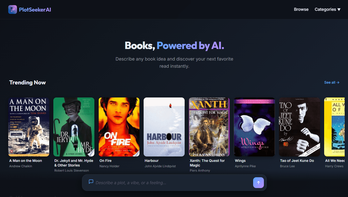PlotSeekerAI book discovery interface